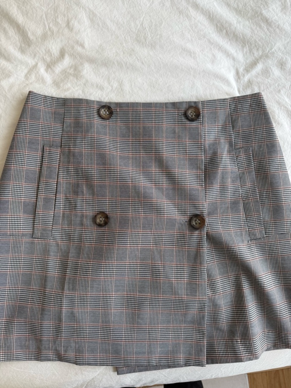 Lumiere Plaid Double-Button Mini Skirt in Gray and Tan Stripe